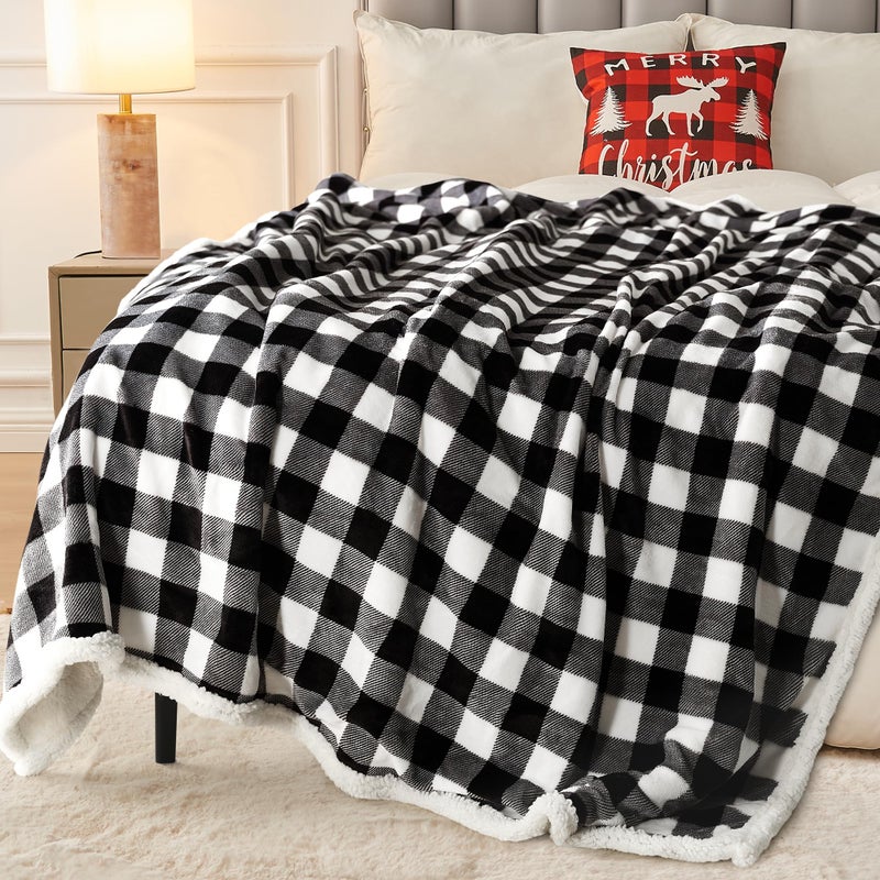 BEAUTEX Sherpa Fleece Flannel Throw Blanket, Super Soft Warm Buffalo Plaid Plush Blankets and Throws, Lightweight Cozy Fuzzy Blanket for Couch Sofa Bed (Black, Throw 50" x 60") - Image 5